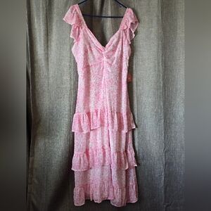 Arula Pink Floral Ruffle Maxi Dress Smocked V Neck Size 1X NWT MSRP $104